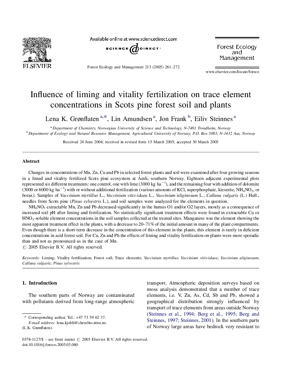 Influence of liming and vitality fertilization on trace element concentrations in Scots pine forest soil and plants