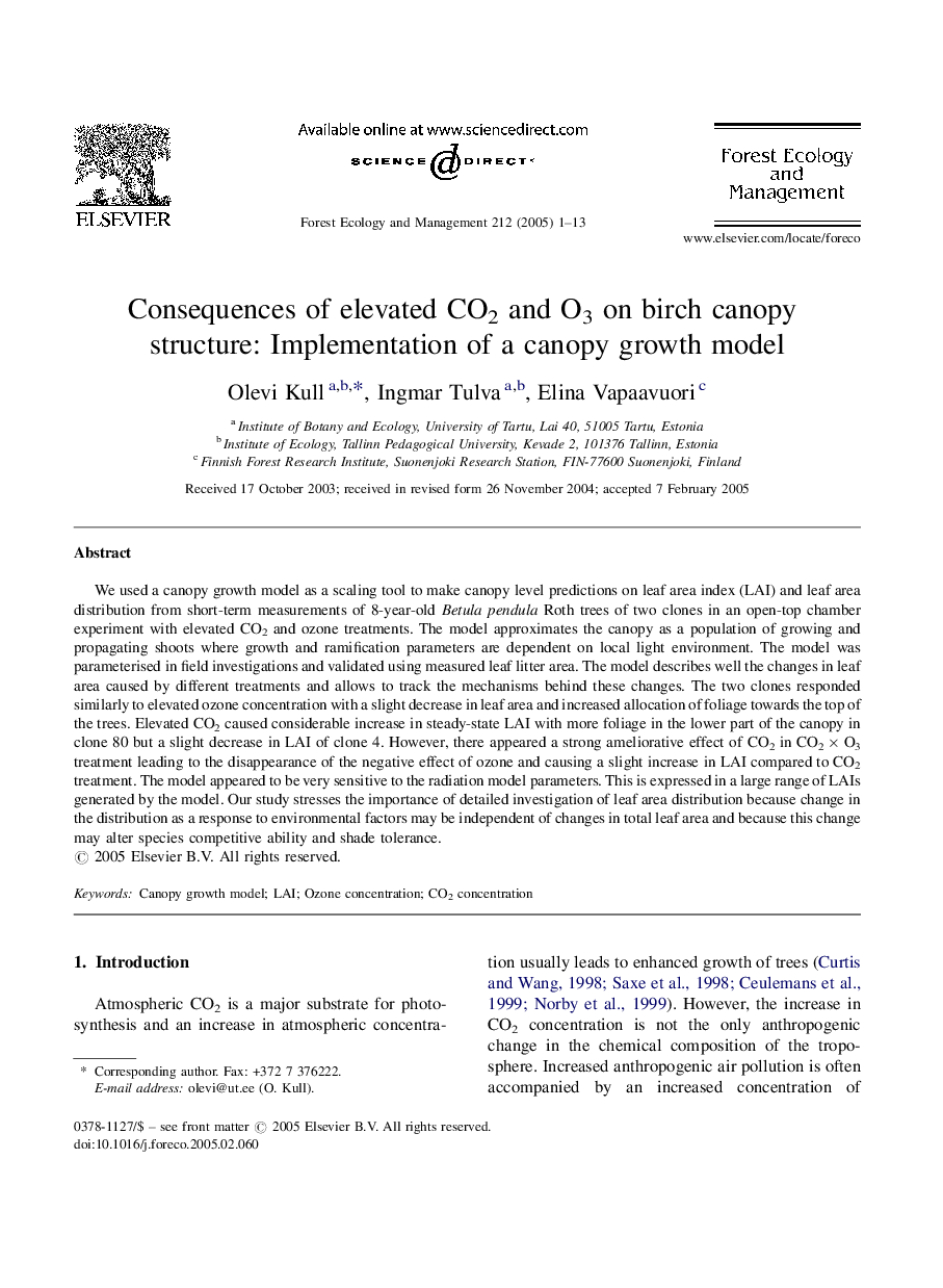 Consequences of elevated CO2 and O3 on birch canopy structure: Implementation of a canopy growth model