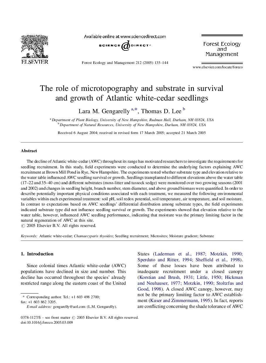 The role of microtopography and substrate in survival and growth of Atlantic white-cedar seedlings