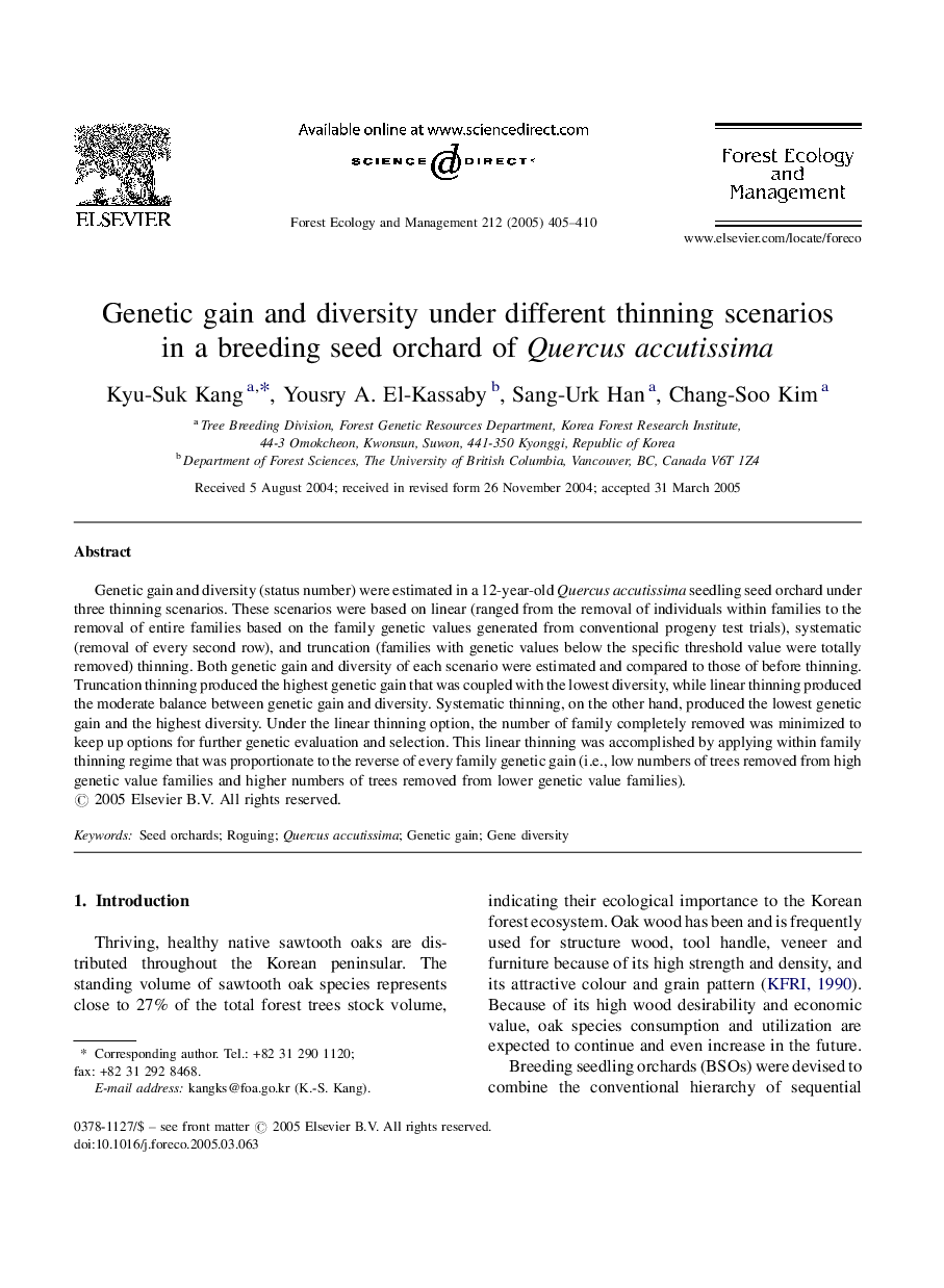 Genetic gain and diversity under different thinning scenarios in a breeding seed orchard of Quercus accutissima