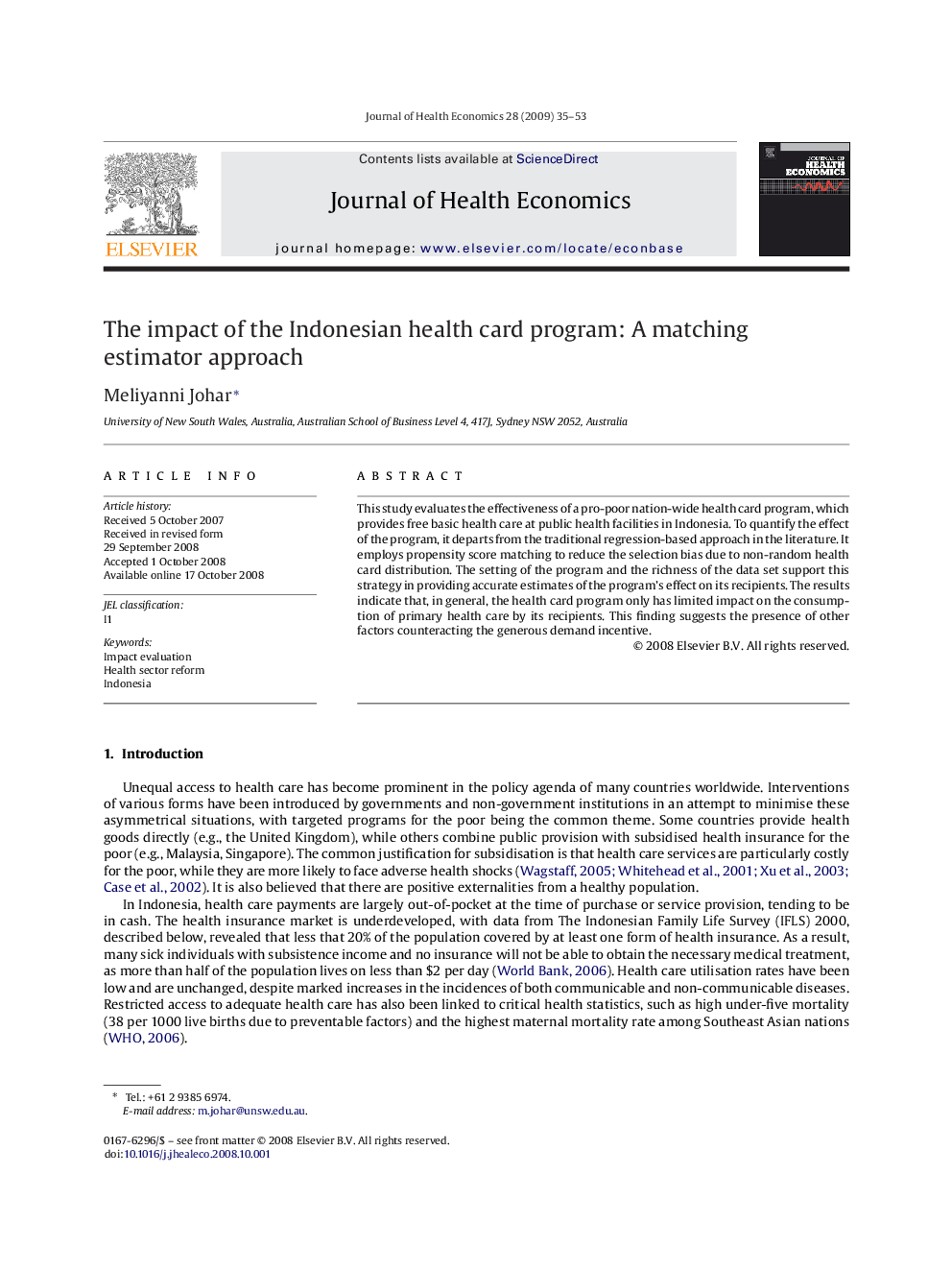 The impact of the Indonesian health card program: A matching estimator approach