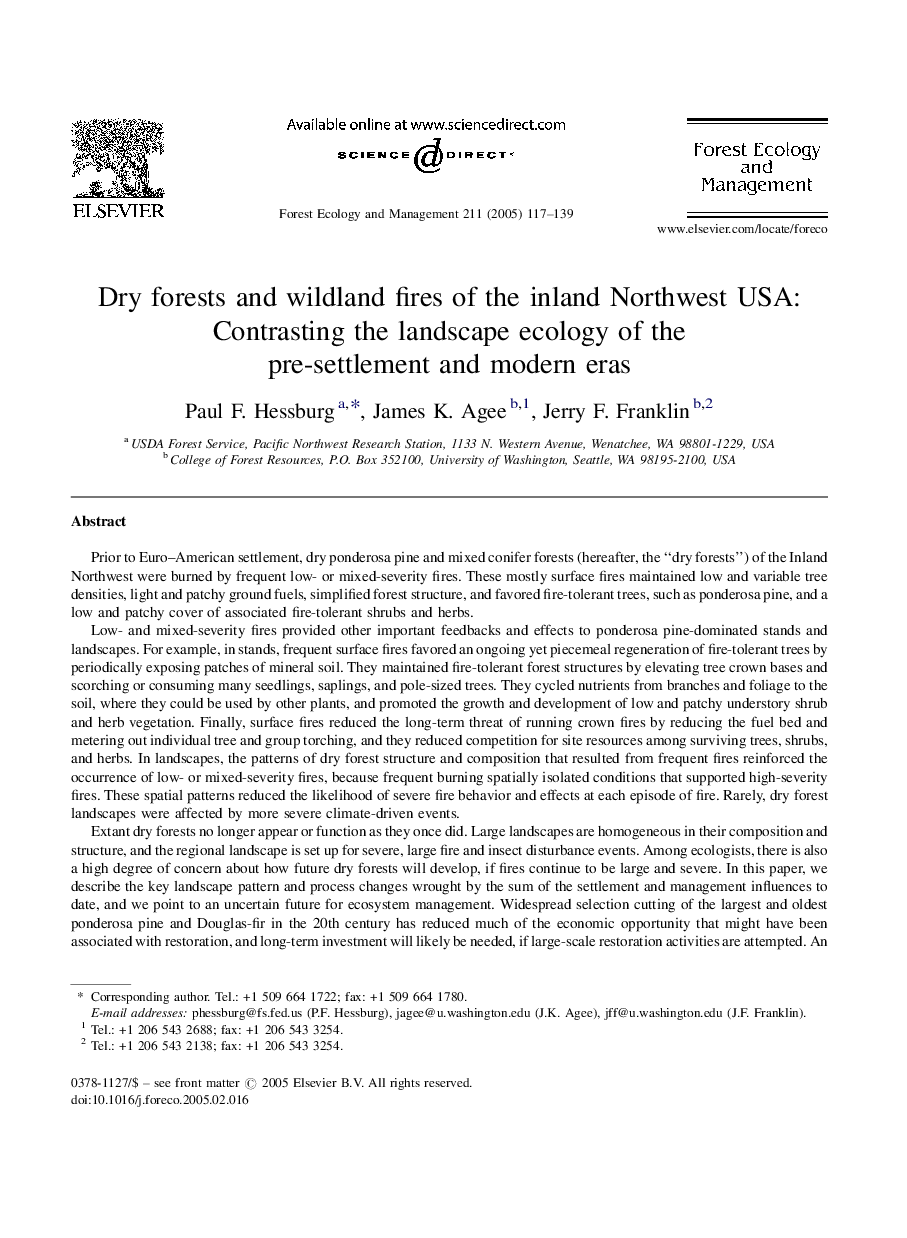 Dry forests and wildland fires of the inland Northwest USA: Contrasting the landscape ecology of the pre-settlement and modern eras