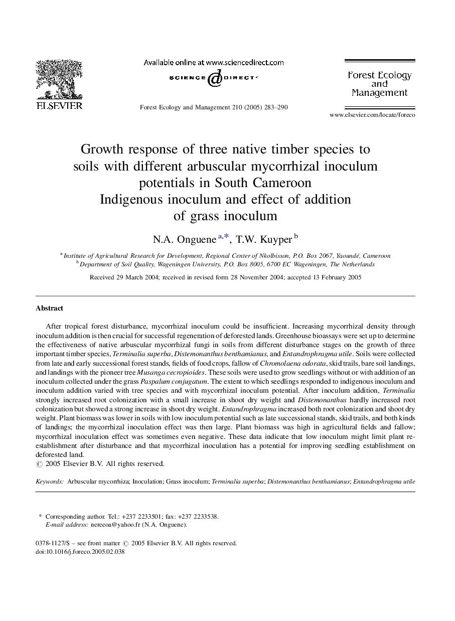 Growth response of three native timber species to soils with different arbuscular mycorrhizal inoculum potentials in South Cameroon