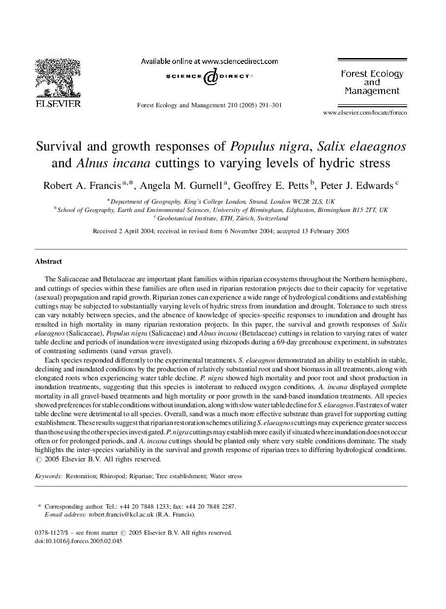 Survival and growth responses of Populus nigra, Salix elaeagnos and Alnus incana cuttings to varying levels of hydric stress