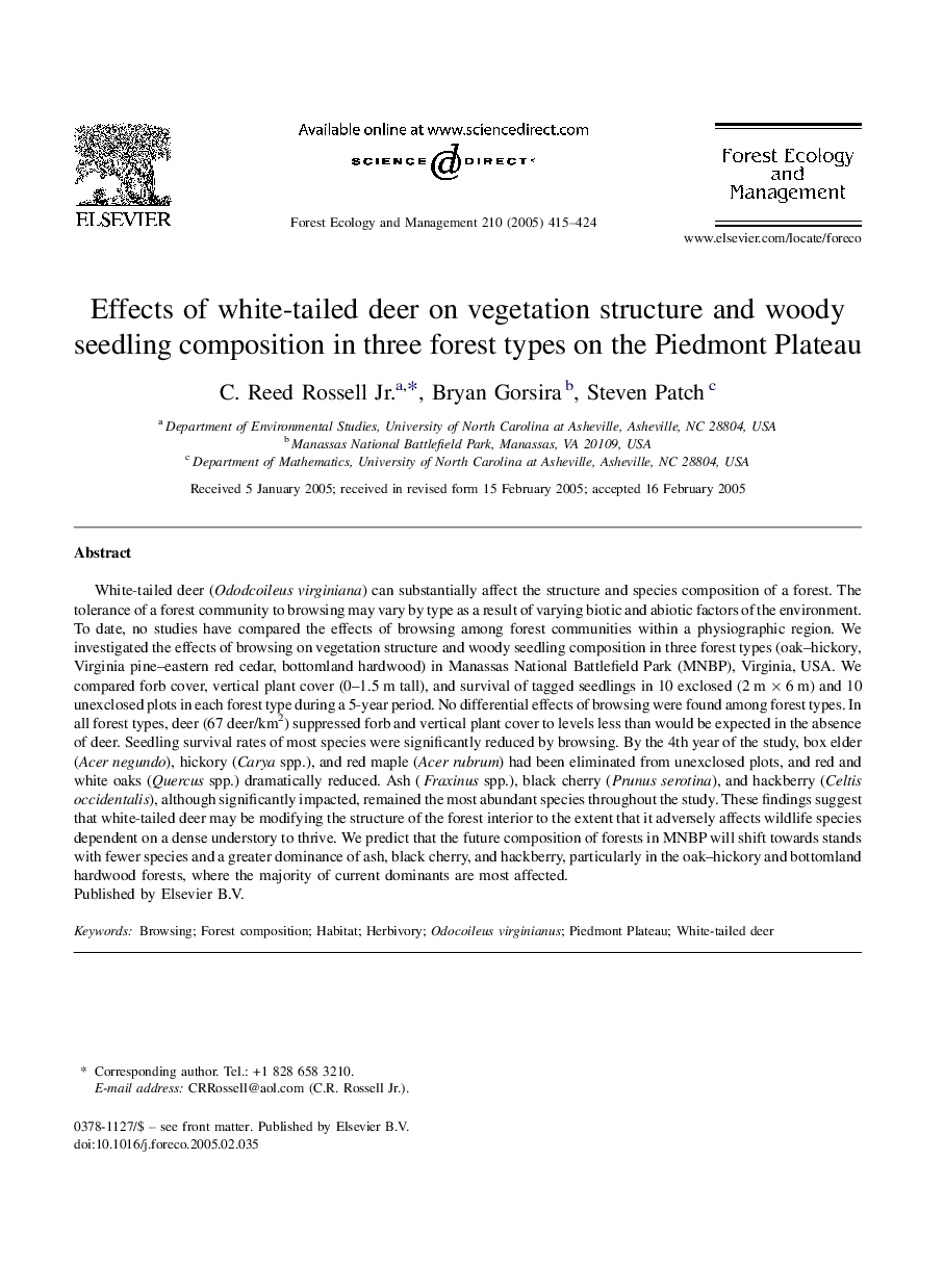 Effects of white-tailed deer on vegetation structure and woody seedling composition in three forest types on the Piedmont Plateau