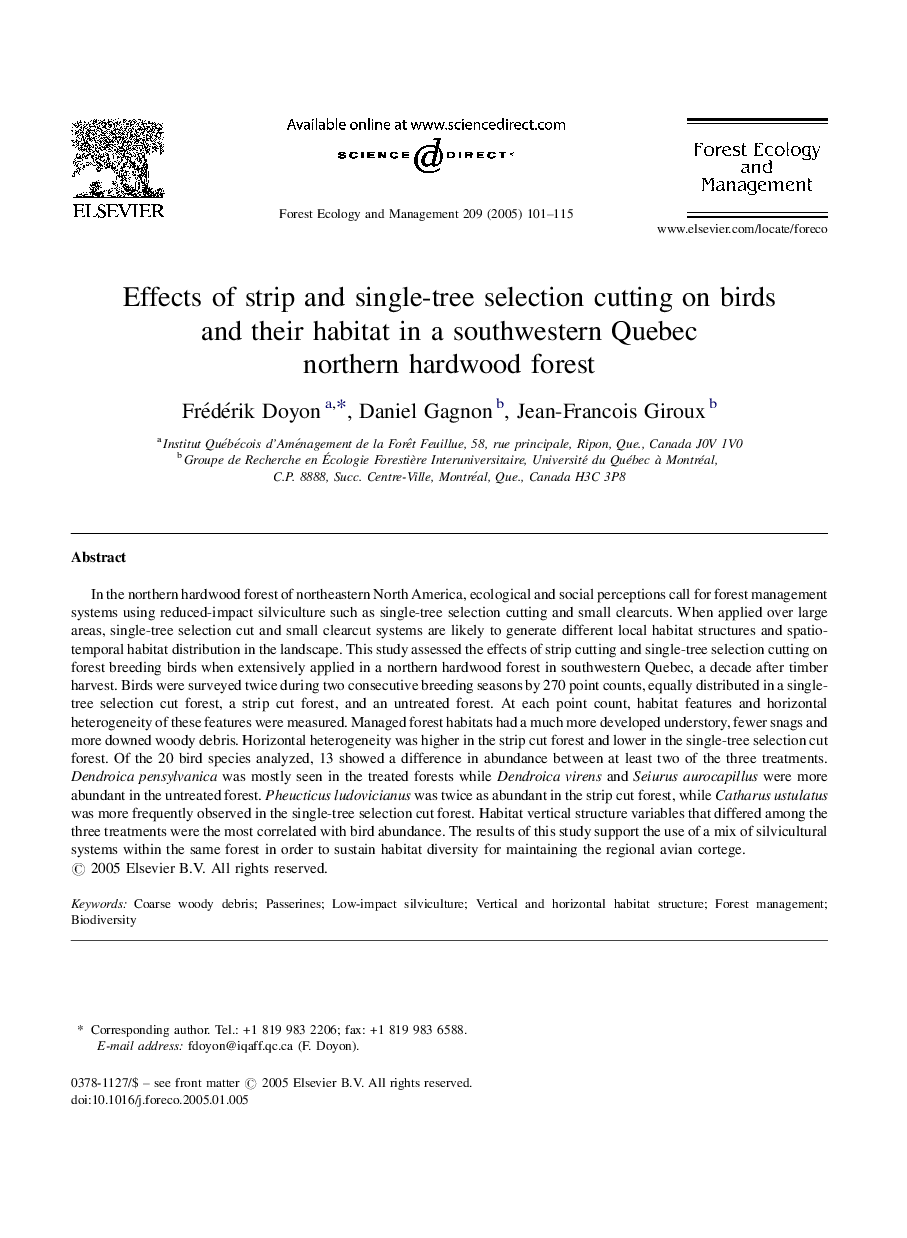 Effects of strip and single-tree selection cutting on birds and their habitat in a southwestern Quebec northern hardwood forest