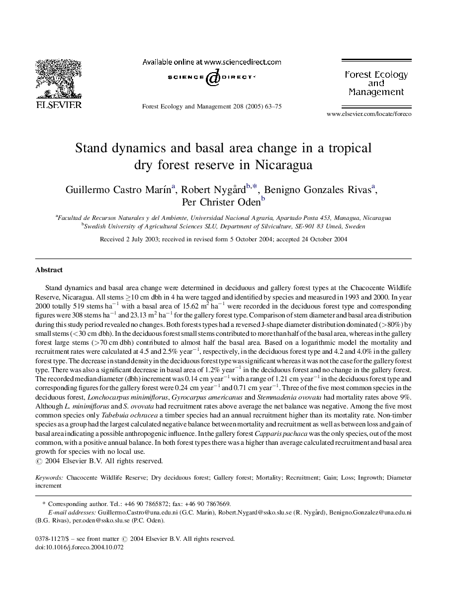 Stand dynamics and basal area change in a tropical dry forest reserve in Nicaragua