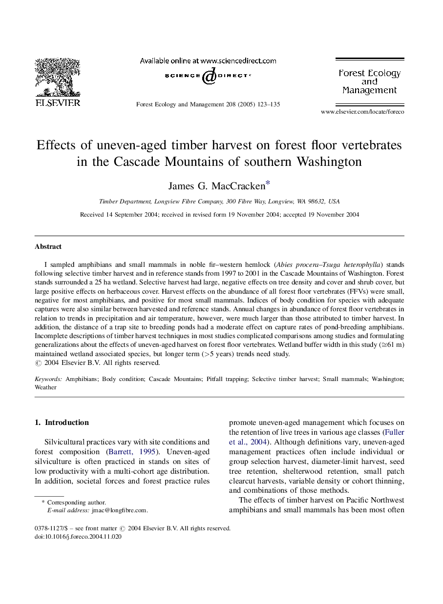 Effects of uneven-aged timber harvest on forest floor vertebrates in the Cascade Mountains of southern Washington