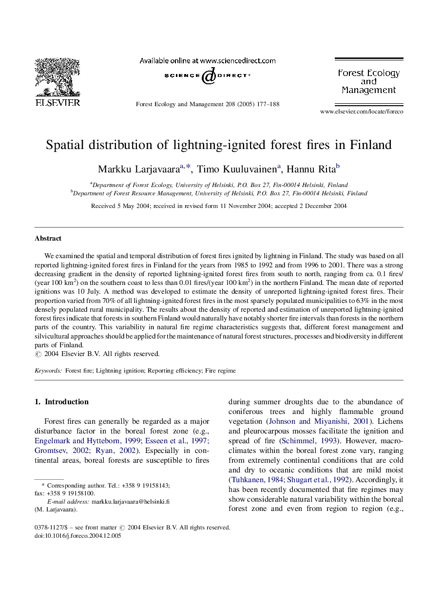 Spatial distribution of lightning-ignited forest fires in Finland