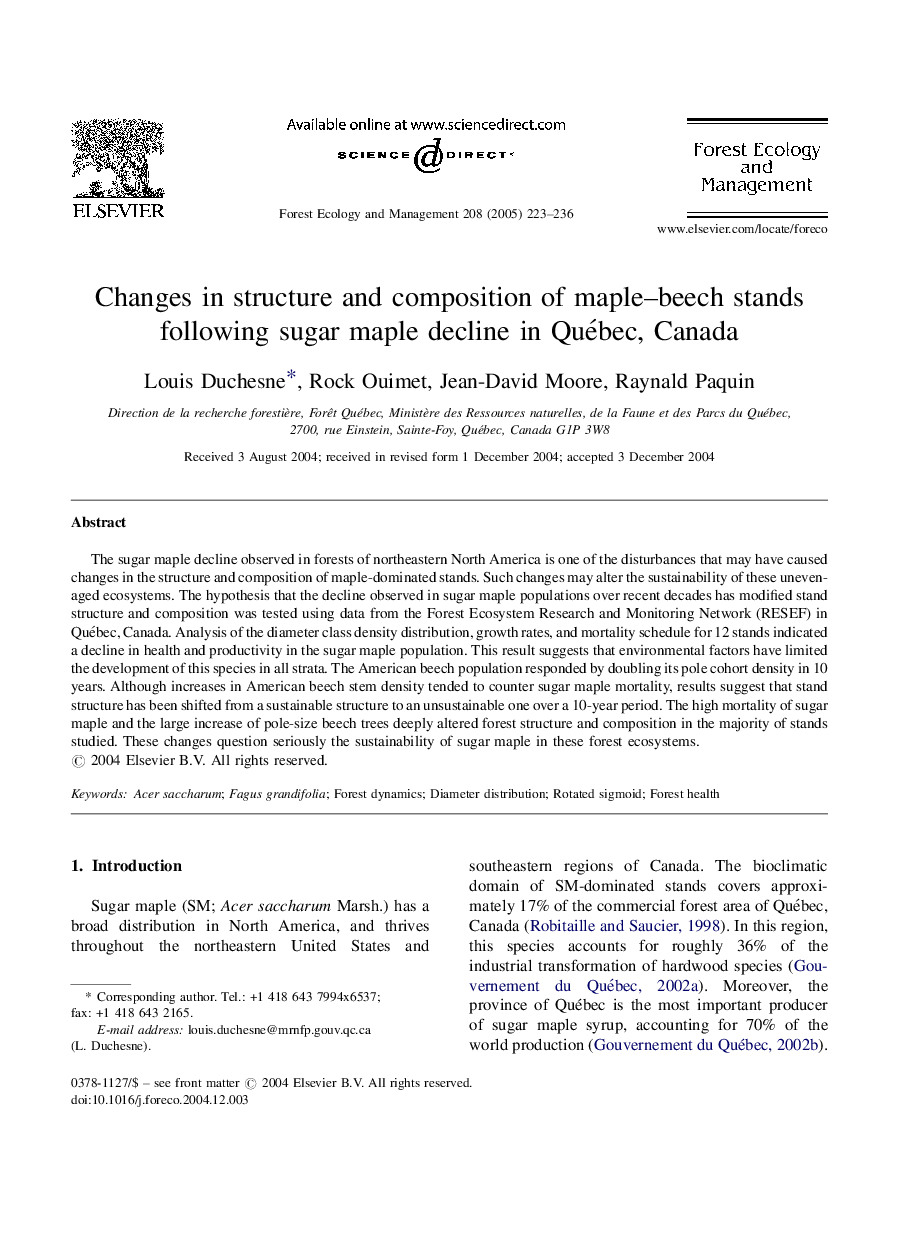 Changes in structure and composition of maple-beech stands following sugar maple decline in Québec, Canada