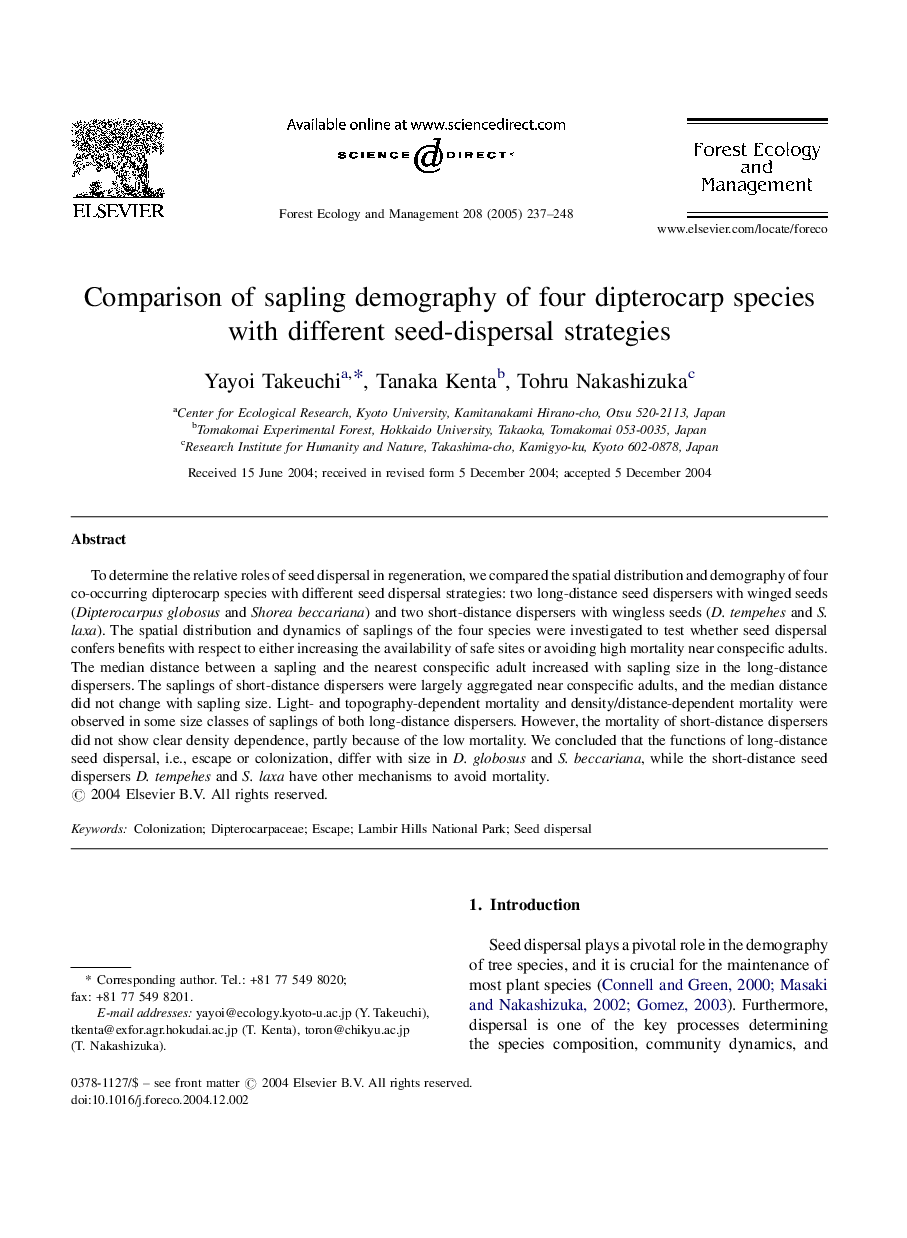 Comparison of sapling demography of four dipterocarp species with different seed-dispersal strategies