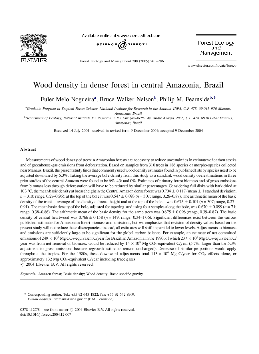 Wood density in dense forest in central Amazonia, Brazil