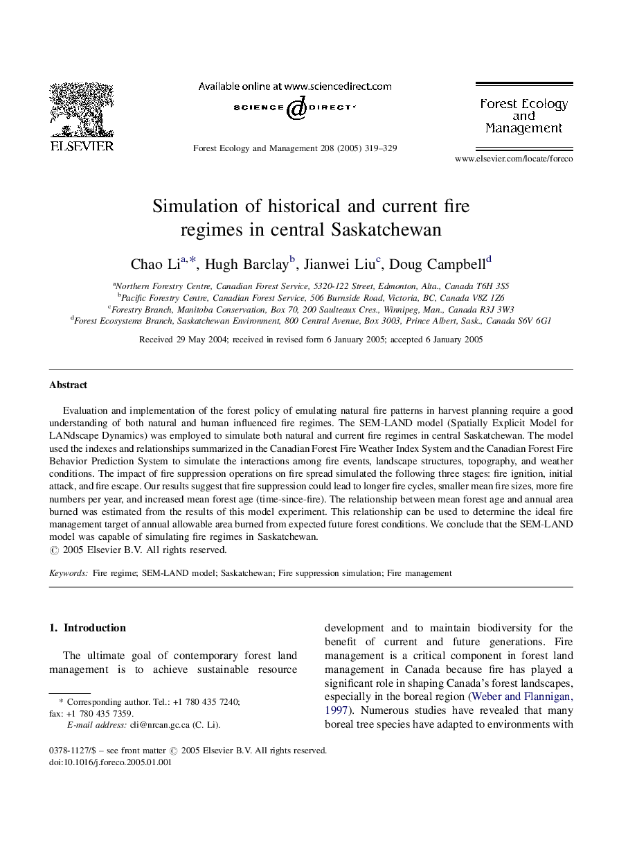 Simulation of historical and current fire regimes in central Saskatchewan