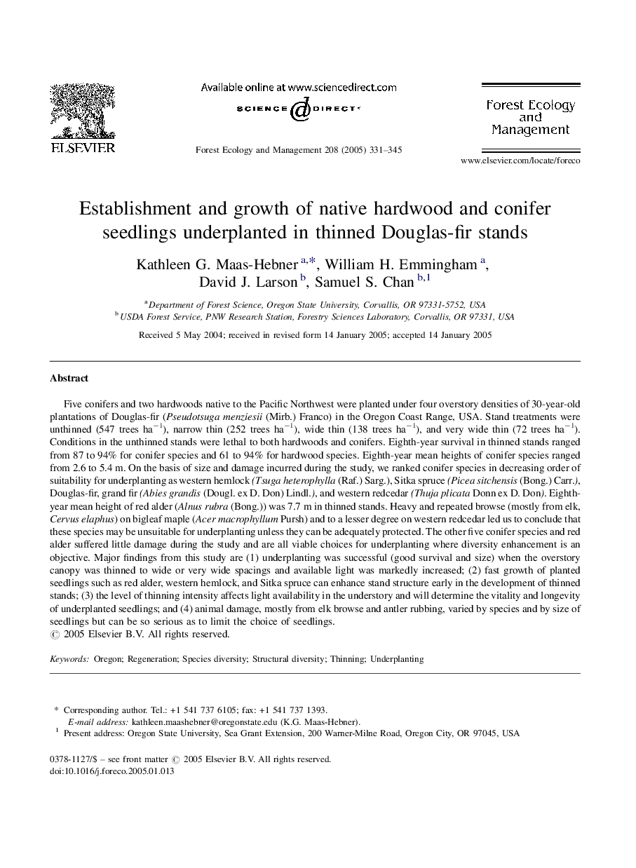 Establishment and growth of native hardwood and conifer seedlings underplanted in thinned Douglas-fir stands