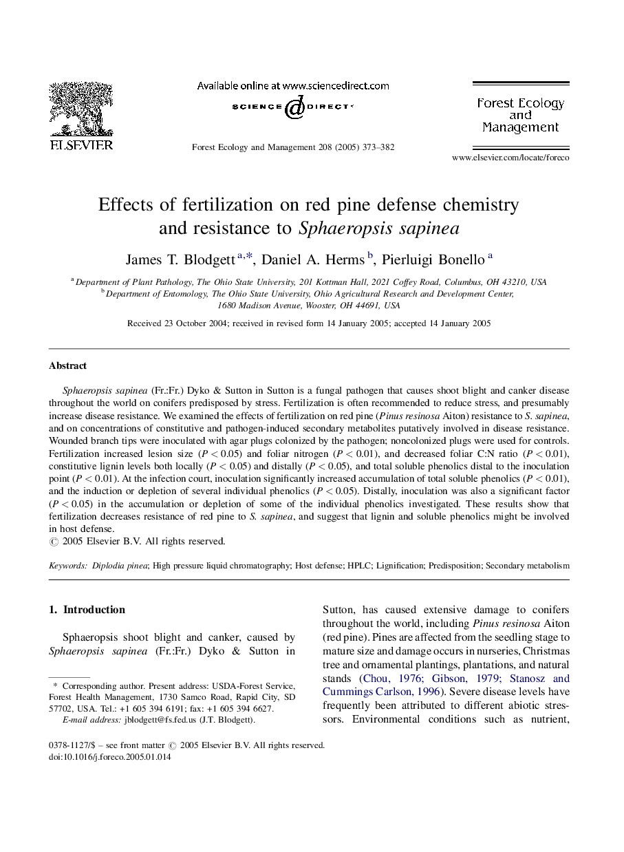 Effects of fertilization on red pine defense chemistry and resistance to Sphaeropsis sapinea