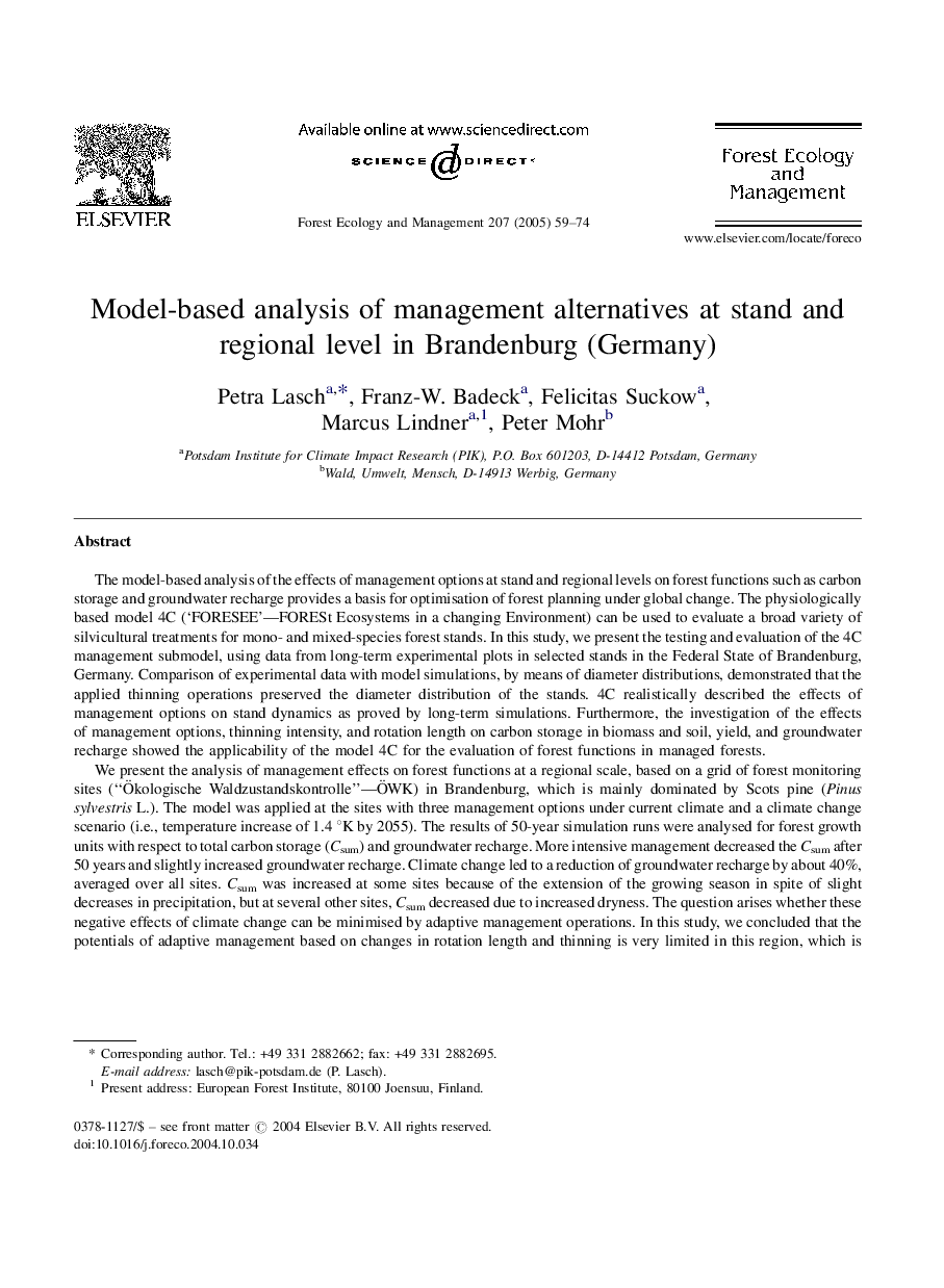 Model-based analysis of management alternatives at stand and regional level in Brandenburg (Germany)