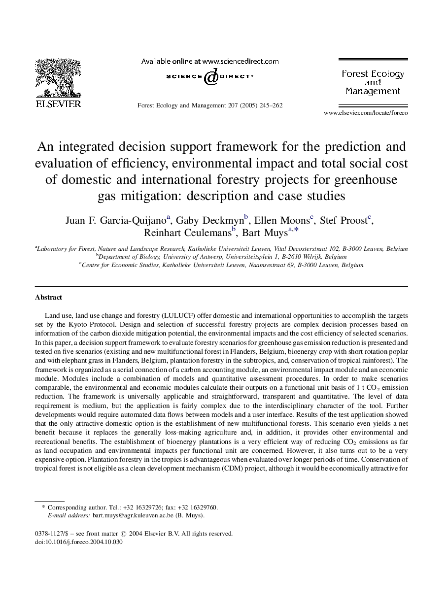 An integrated decision support framework for the prediction and evaluation of efficiency, environmental impact and total social cost of domestic and international forestry projects for greenhouse gas mitigation: description and case studies