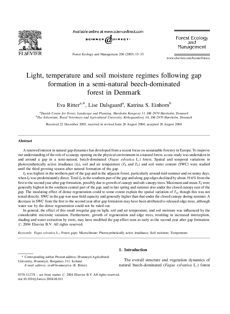 Light, temperature and soil moisture regimes following gap formation in a semi-natural beech-dominated forest in Denmark