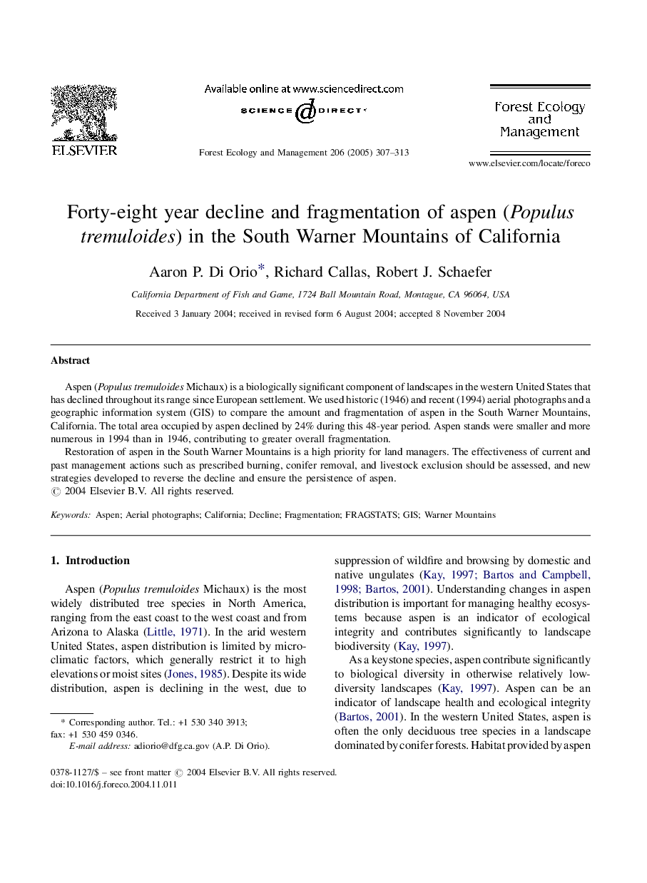 Forty-eight year decline and fragmentation of aspen (Populus tremuloides) in the South Warner Mountains of California