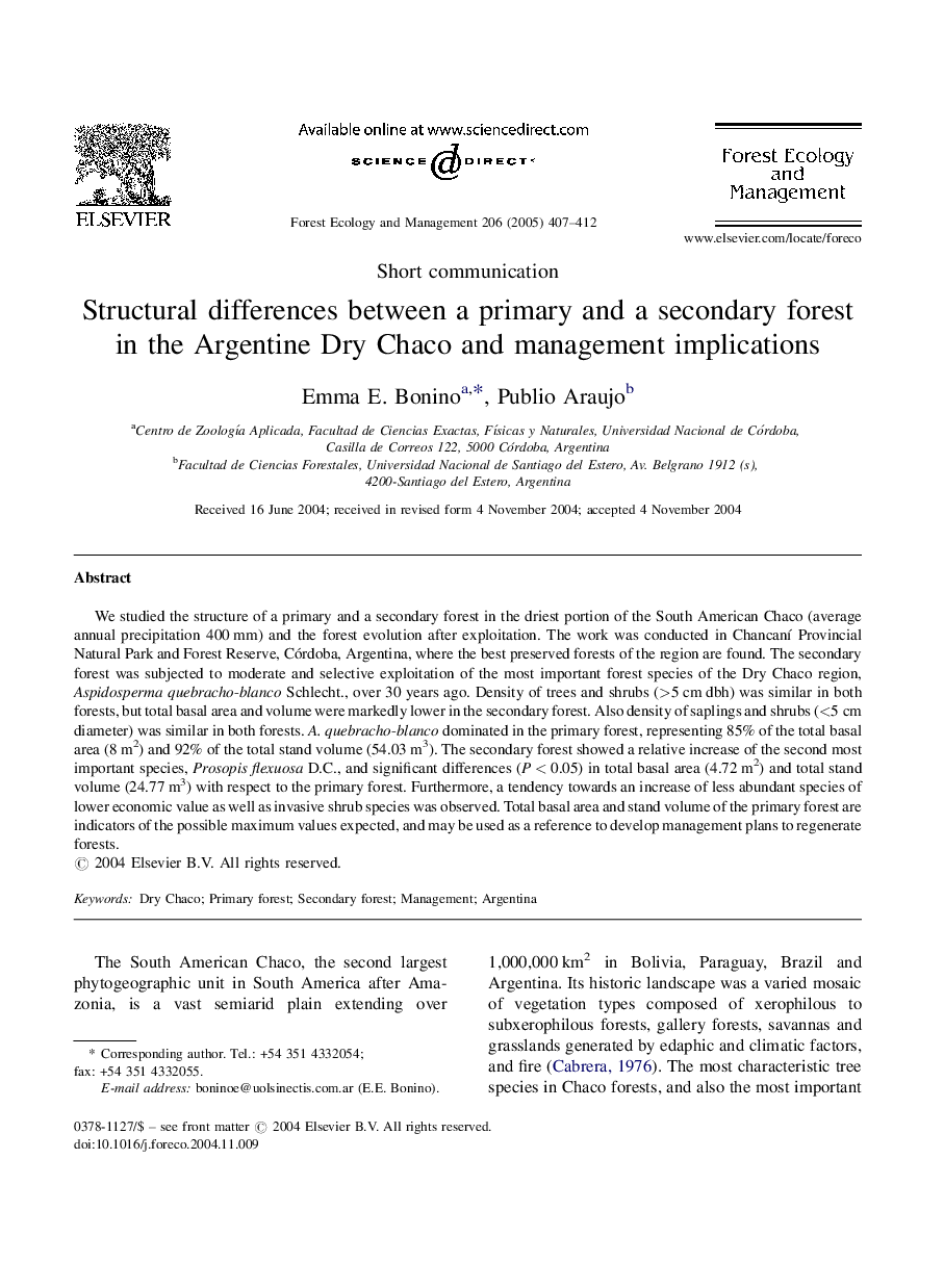 Structural differences between a primary and a secondary forest in the Argentine Dry Chaco and management implications