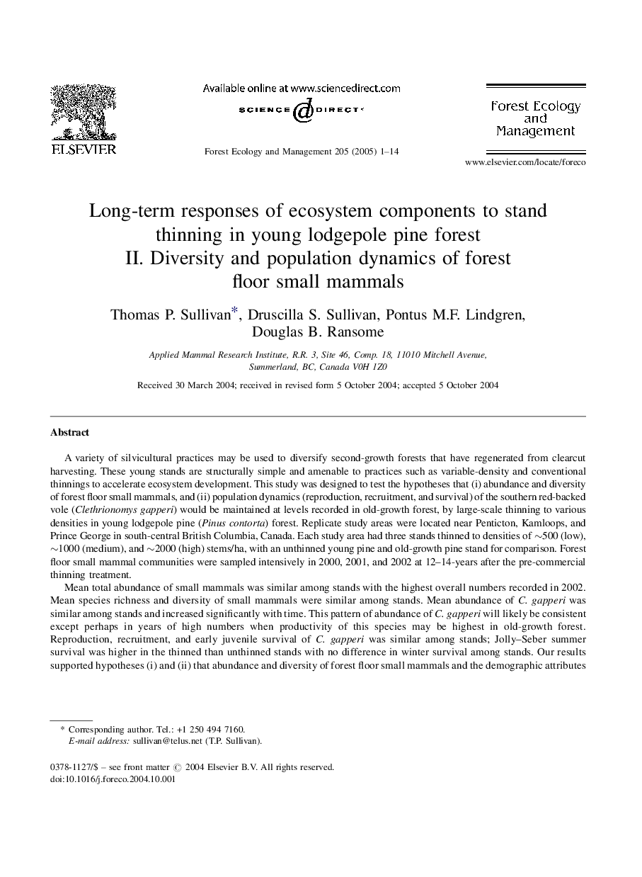 Long-term responses of ecosystem components to stand thinning in young lodgepole pine forest