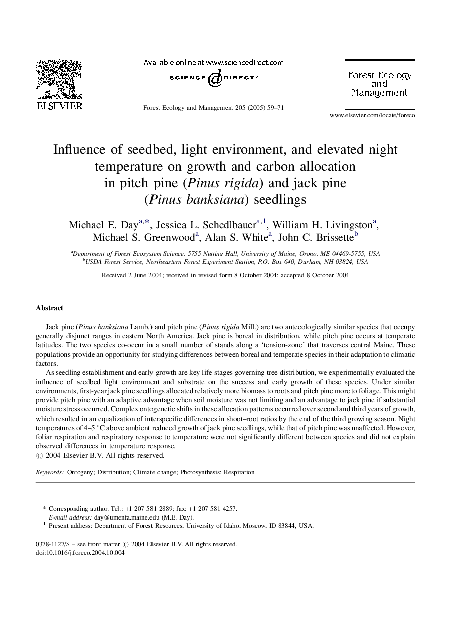 Influence of seedbed, light environment, and elevated night temperature on growth and carbon allocation in pitch pine (Pinus rigida) and jack pine (Pinus banksiana) seedlings