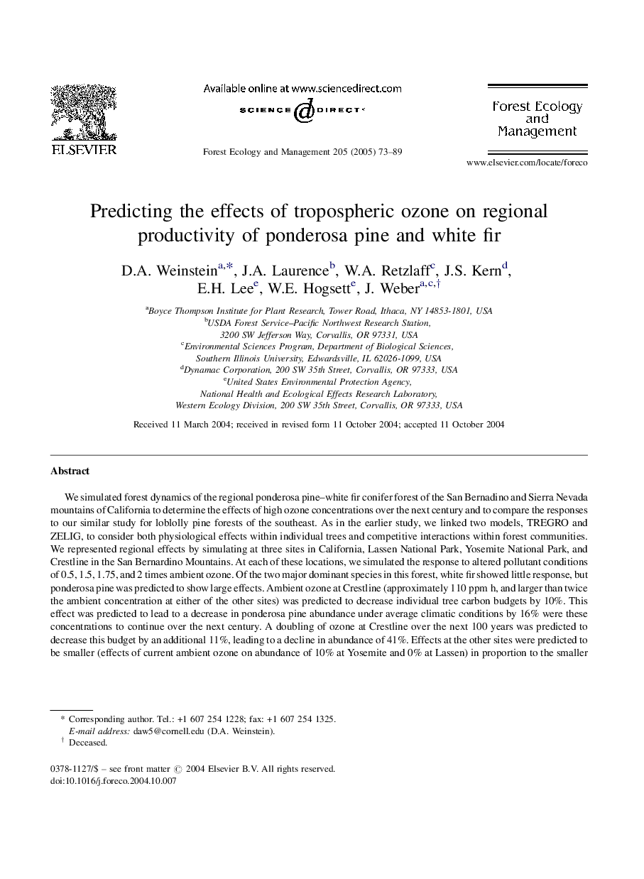 Predicting the effects of tropospheric ozone on regional productivity of ponderosa pine and white fir