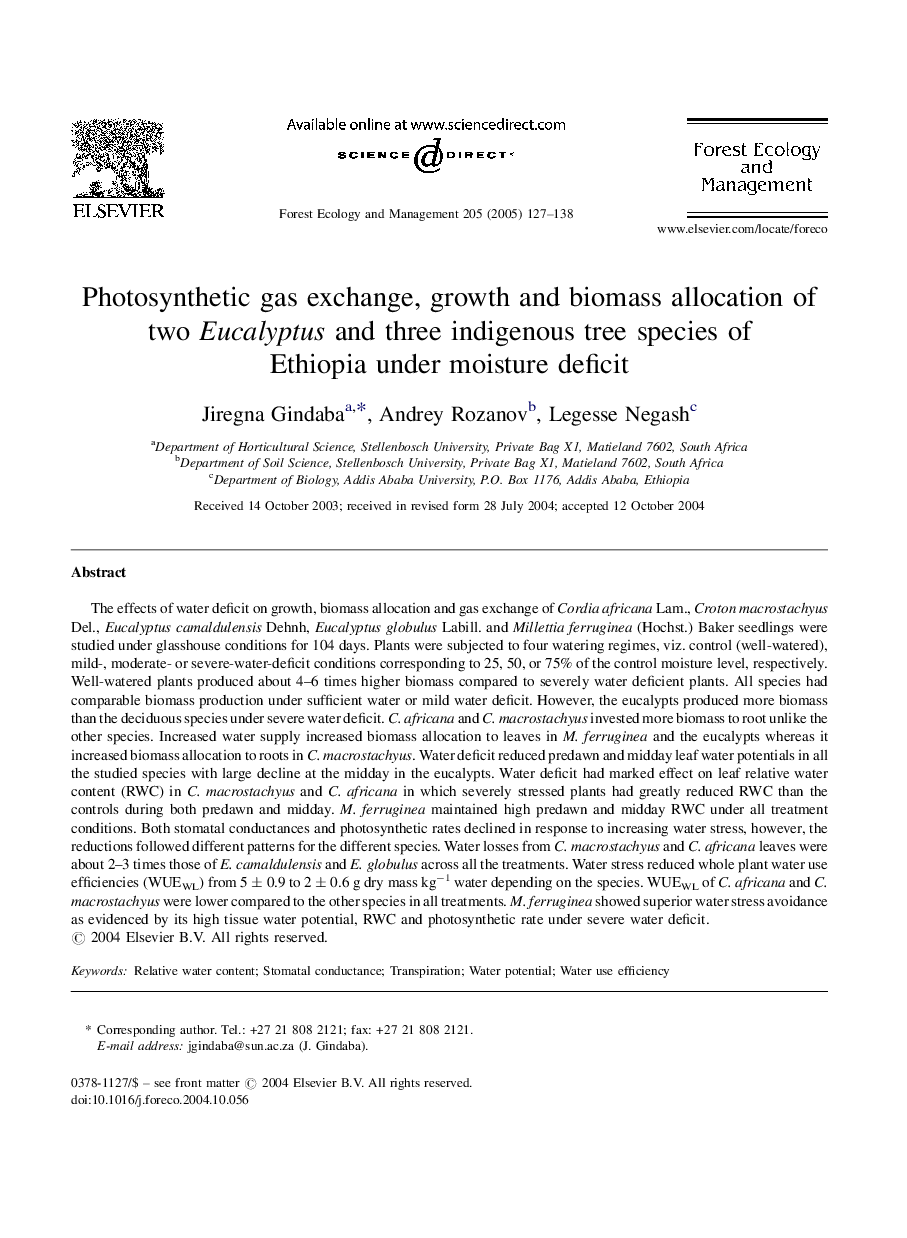 Photosynthetic gas exchange, growth and biomass allocation of two Eucalyptus and three indigenous tree species of Ethiopia under moisture deficit