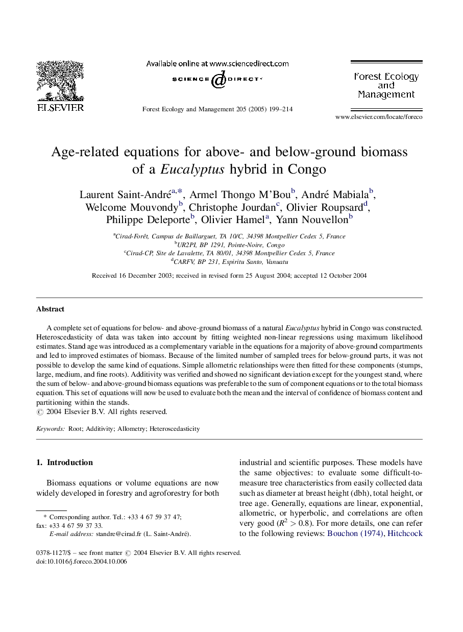 Age-related equations for above- and below-ground biomass of a Eucalyptus hybrid in Congo