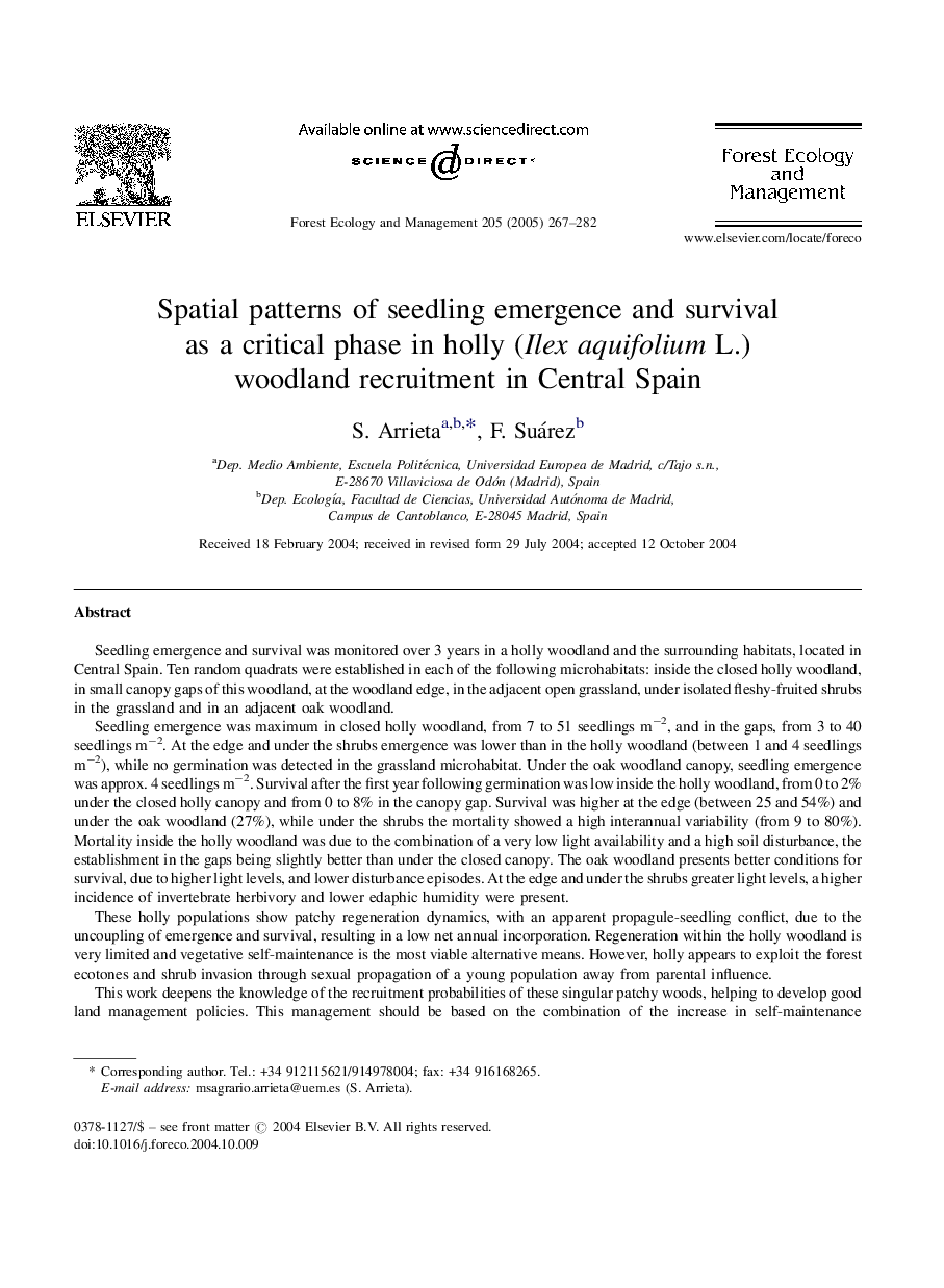 Spatial patterns of seedling emergence and survival as a critical phase in holly (Ilex aquifolium L.) woodland recruitment in Central Spain