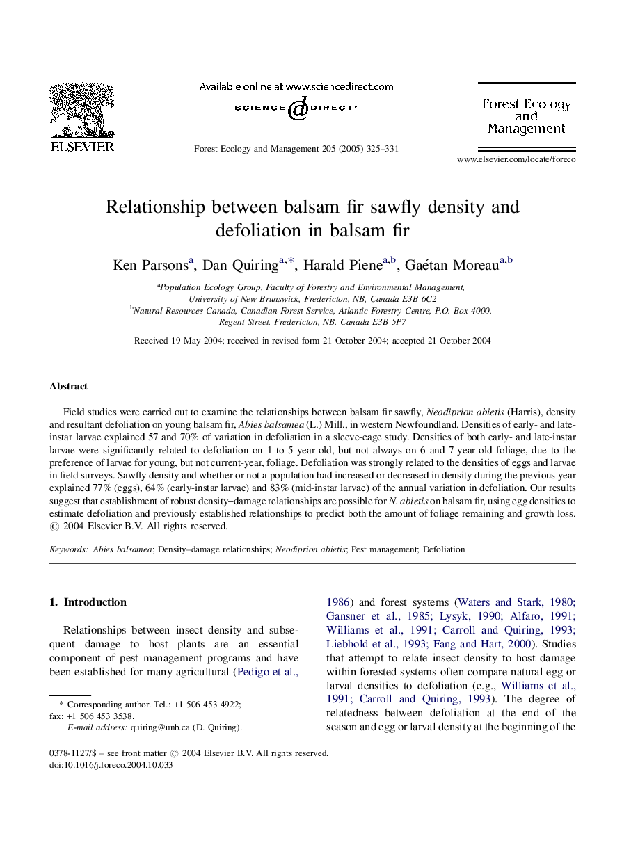 Relationship between balsam fir sawfly density and defoliation in balsam fir