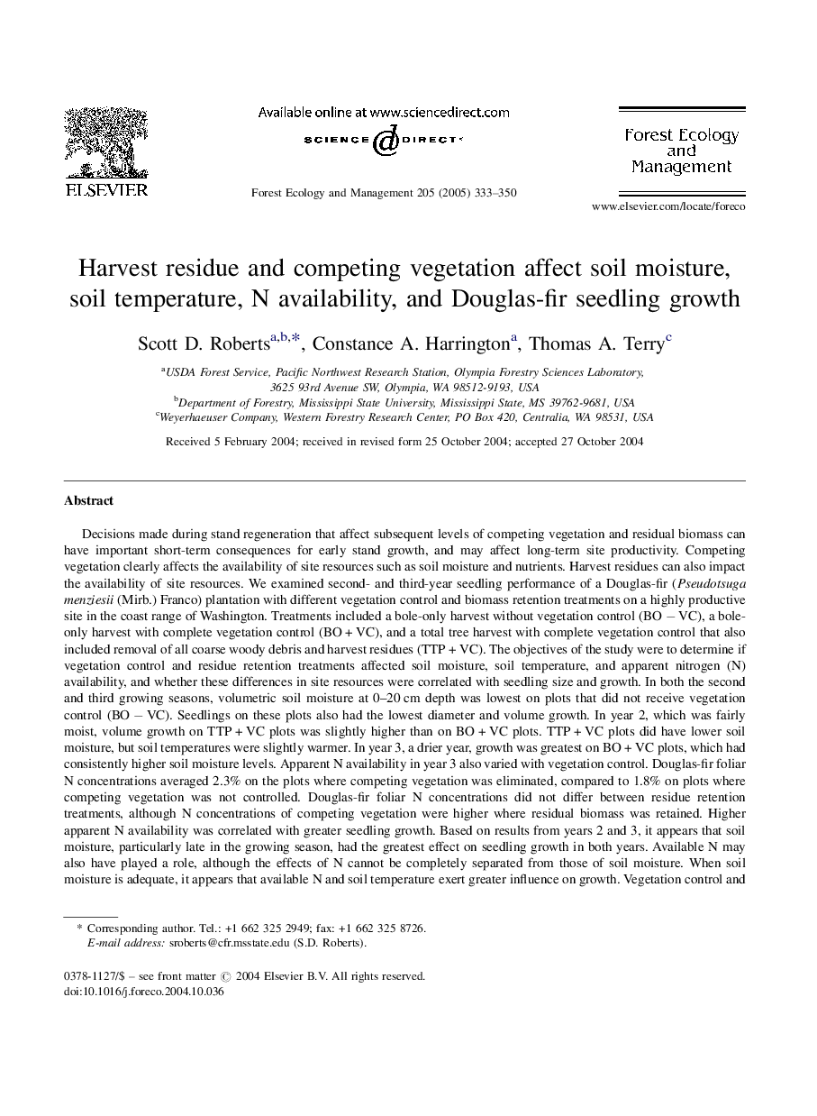 Harvest residue and competing vegetation affect soil moisture, soil temperature, N availability, and Douglas-fir seedling growth