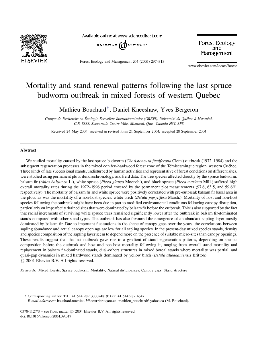 Mortality and stand renewal patterns following the last spruce budworm outbreak in mixed forests of western Quebec