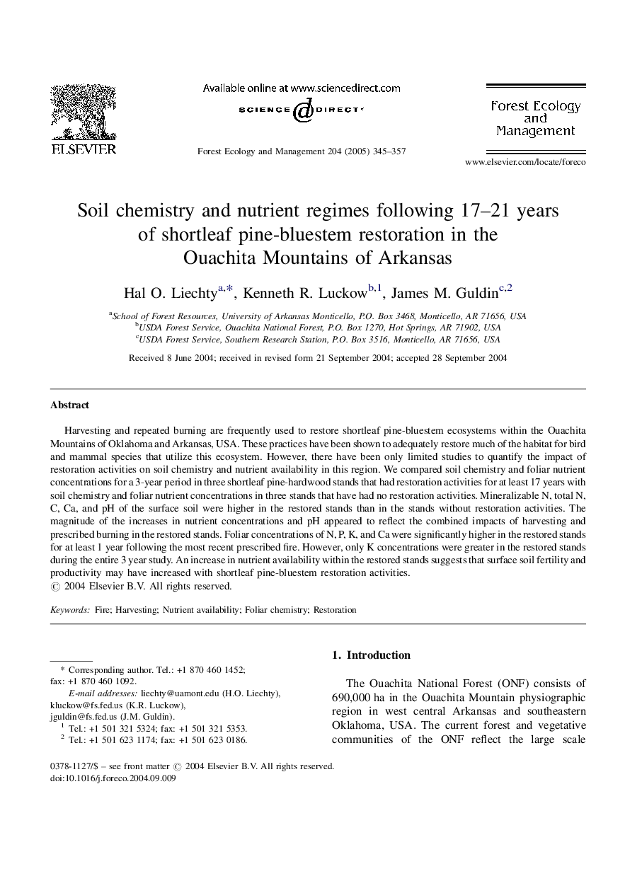 Soil chemistry and nutrient regimes following 17-21 years of shortleaf pine-bluestem restoration in the Ouachita Mountains of Arkansas