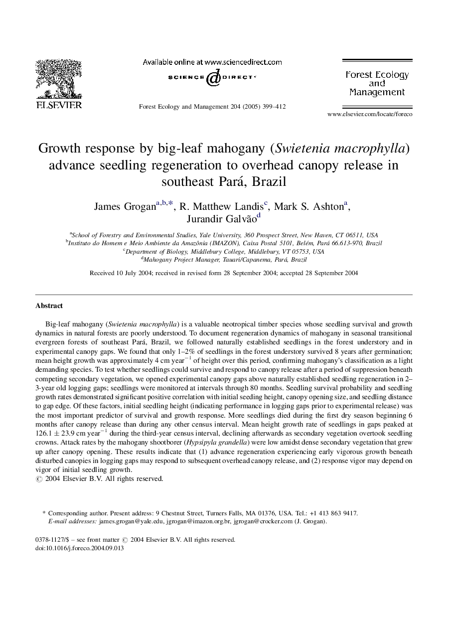 Growth response by big-leaf mahogany (Swietenia macrophylla) advance seedling regeneration to overhead canopy release in southeast Pará, Brazil