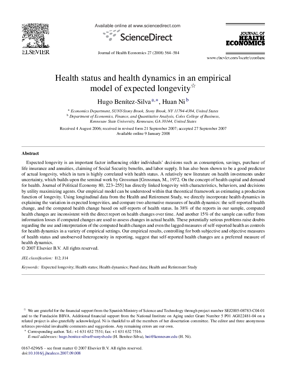 Health status and health dynamics in an empirical model of expected longevity