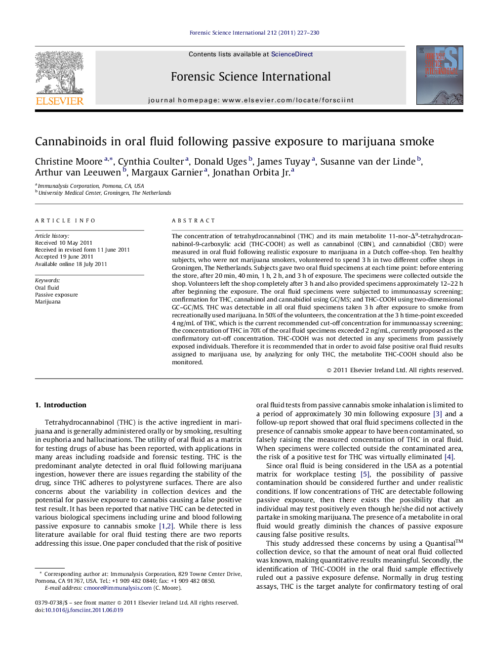 Cannabinoids in oral fluid following passive exposure to marijuana smoke