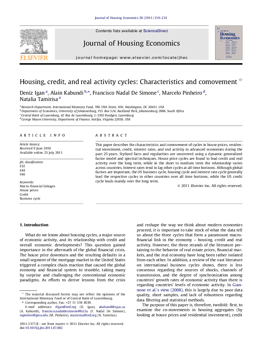 Housing, credit, and real activity cycles: Characteristics and comovement