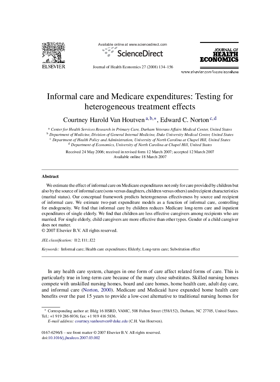 Informal care and Medicare expenditures: Testing for heterogeneous treatment effects