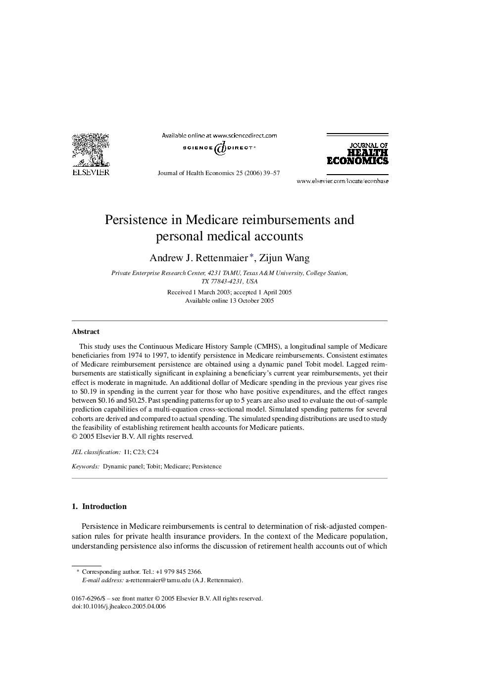 Persistence in Medicare reimbursements and personal medical accounts