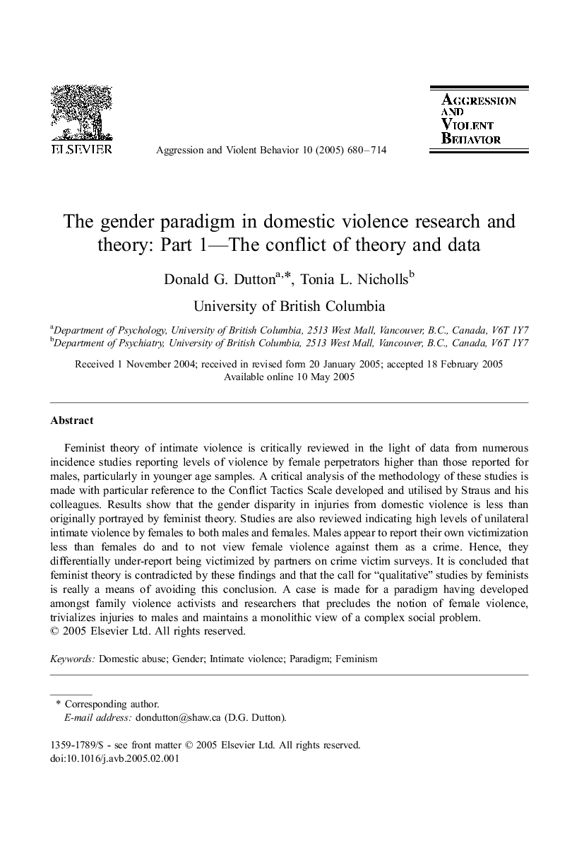 The gender paradigm in domestic violence research and theory: Part 1-The conflict of theory and data