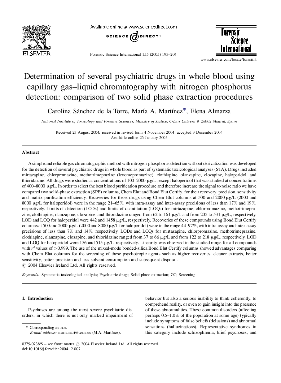 Determination of several psychiatric drugs in whole blood using capillary gas-liquid chromatography with nitrogen phosphorus detection: comparison of two solid phase extraction procedures