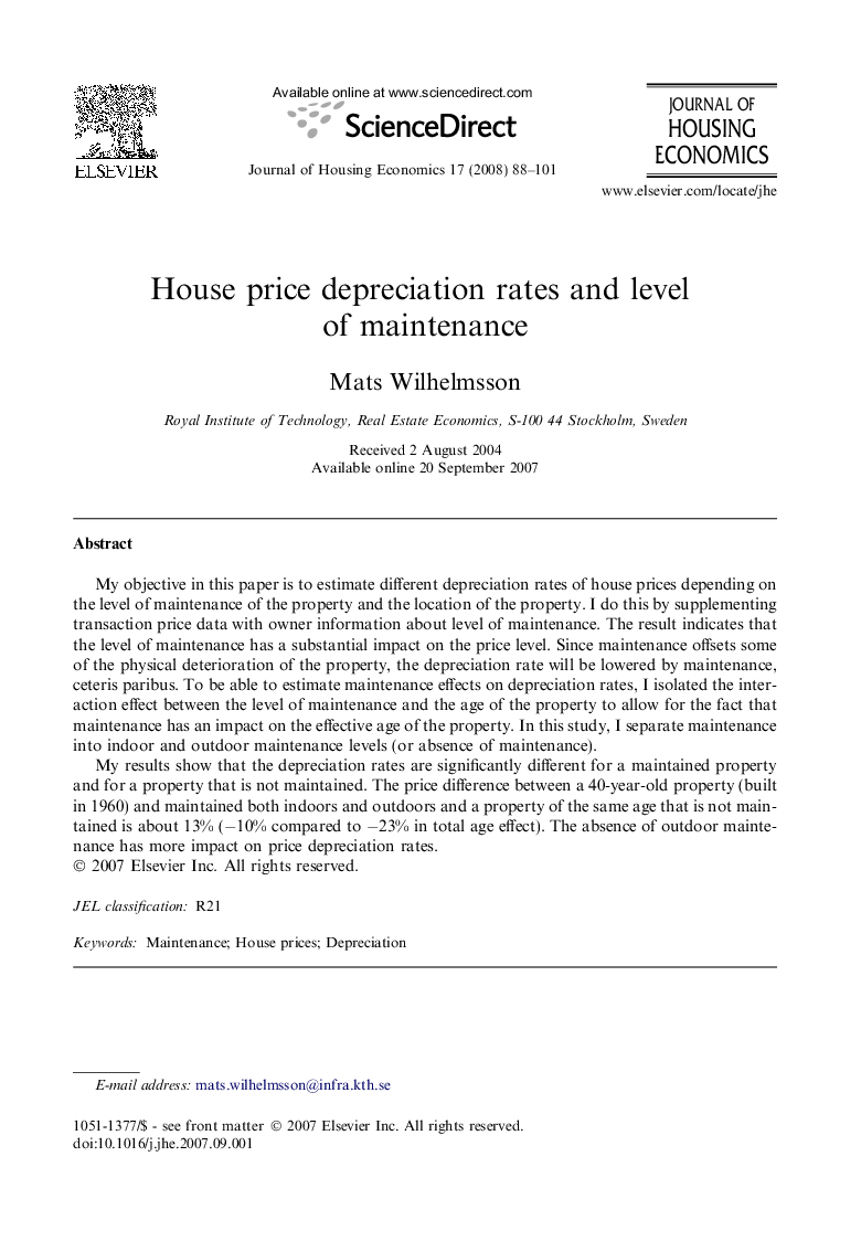 House price depreciation rates and level of maintenance