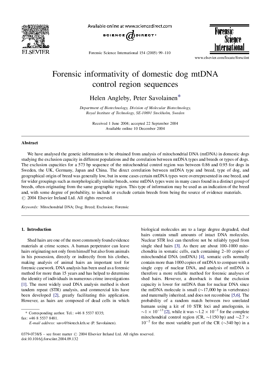 Forensic informativity of domestic dog mtDNA control region sequences