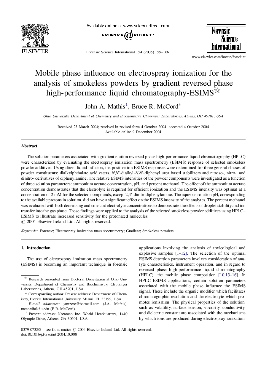 Mobile phase influence on electrospray ionization for the analysis of smokeless powders by gradient reversed phase high-performance liquid chromatography-ESIMS