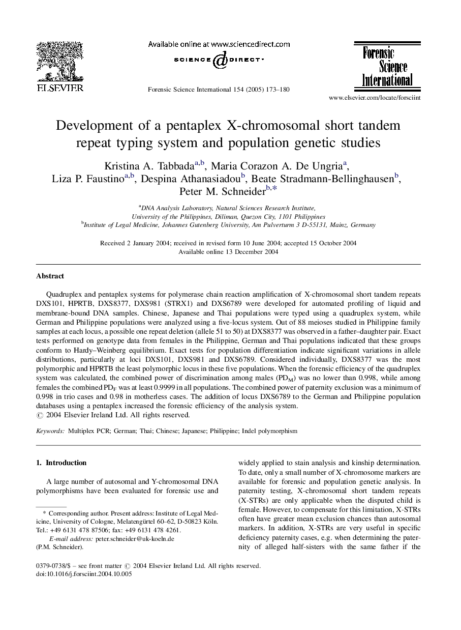 Development of a pentaplex X-chromosomal short tandem repeat typing system and population genetic studies