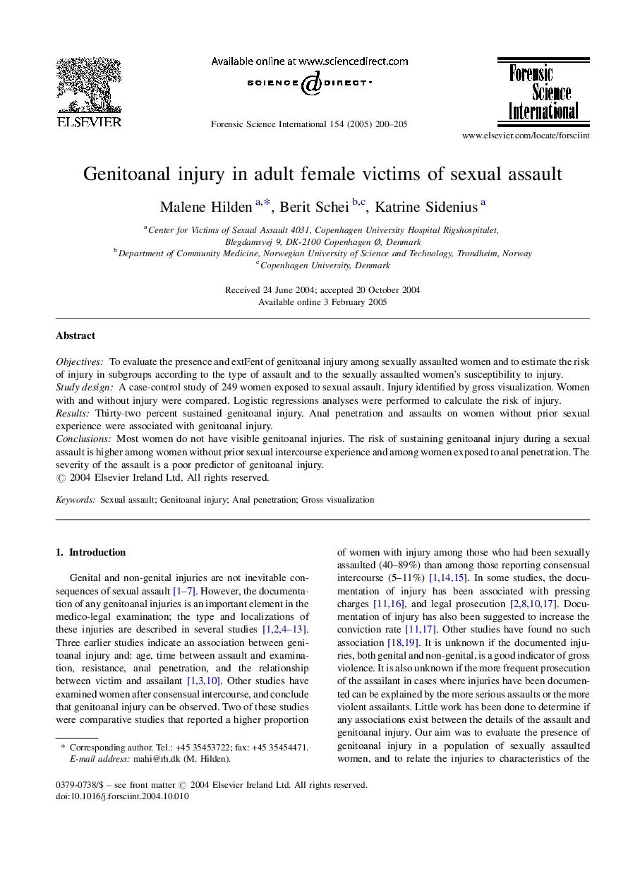 Genitoanal injury in adult female victims of sexual assault