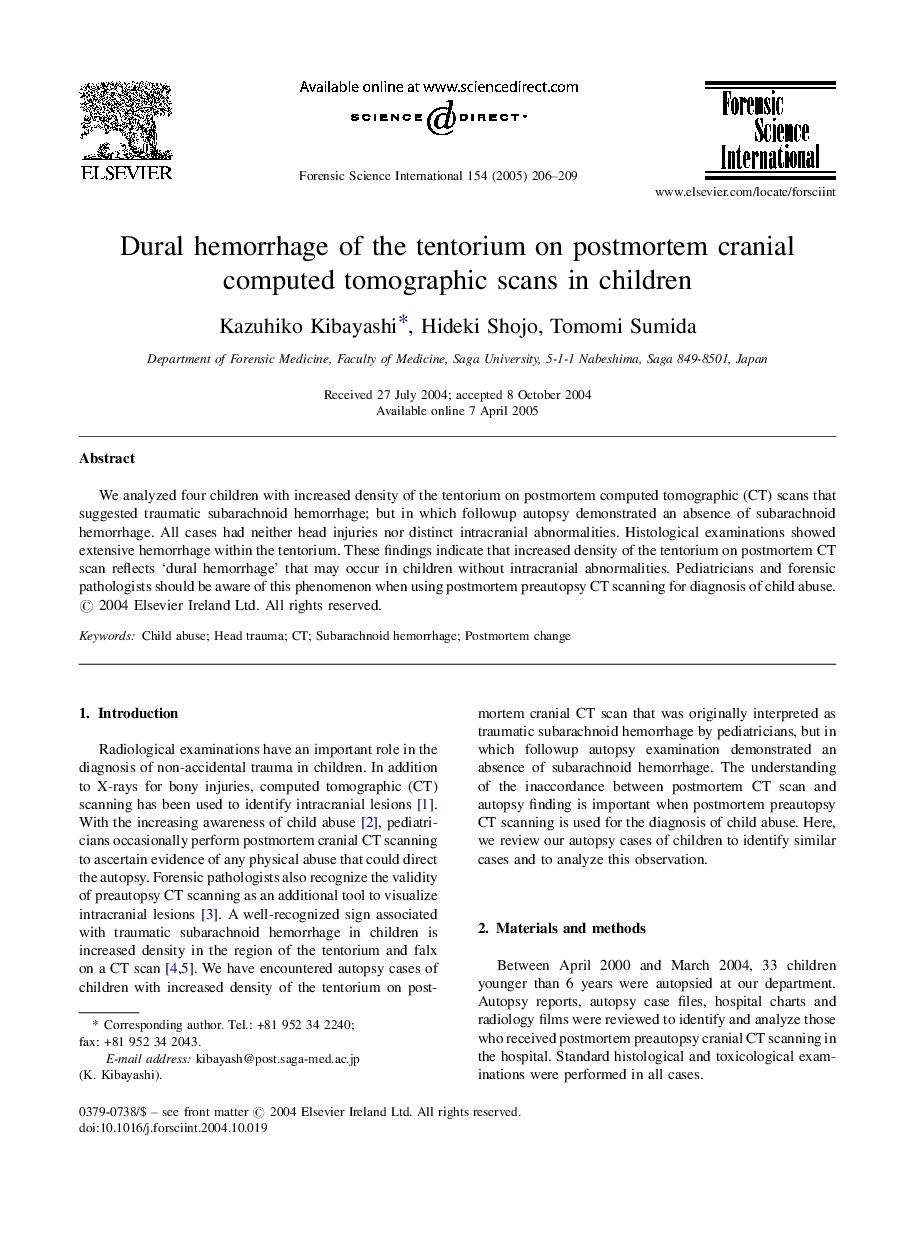 Dural hemorrhage of the tentorium on postmortem cranial computed tomographic scans in children