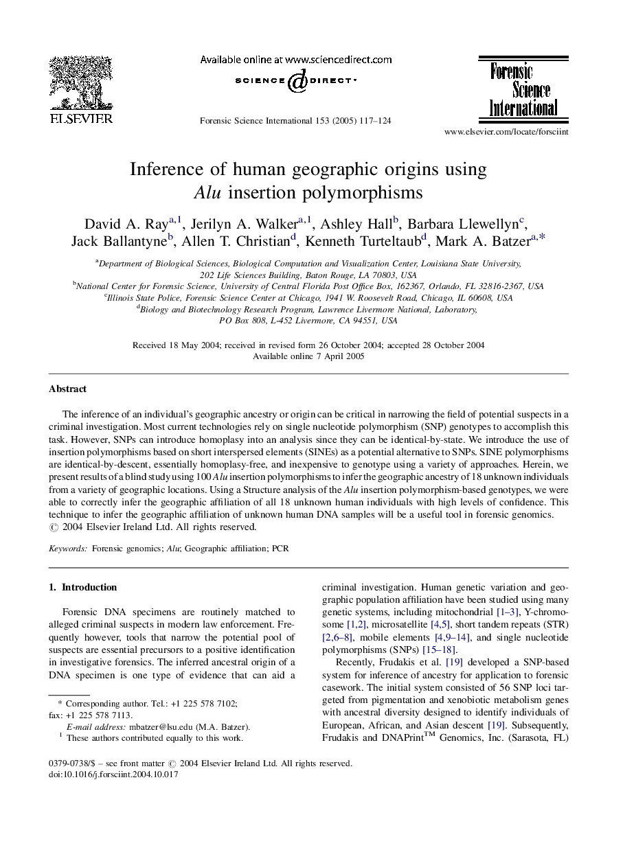 Inference of human geographic origins using Alu insertion polymorphisms