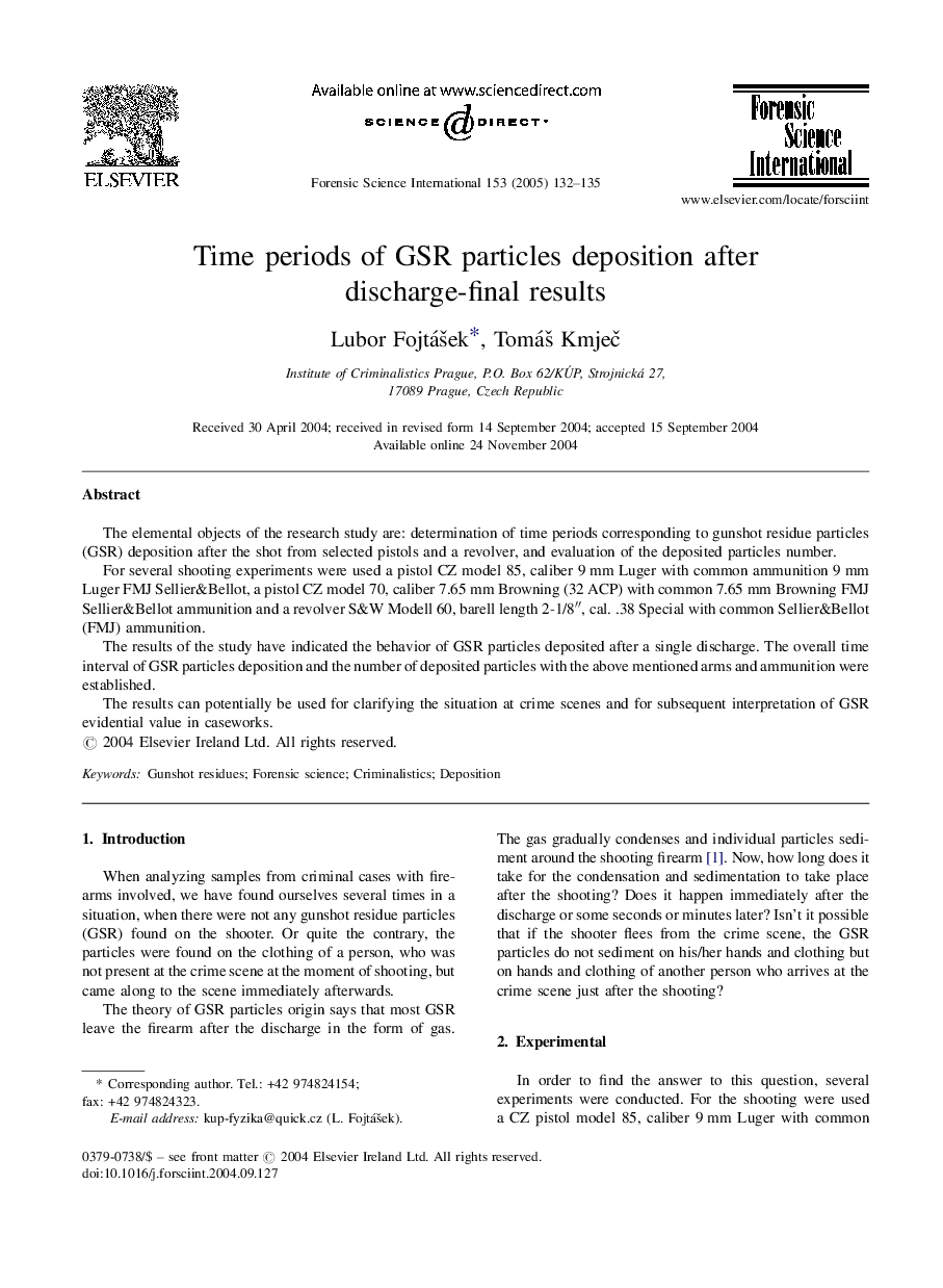 Time periods of GSR particles deposition after discharge-final results